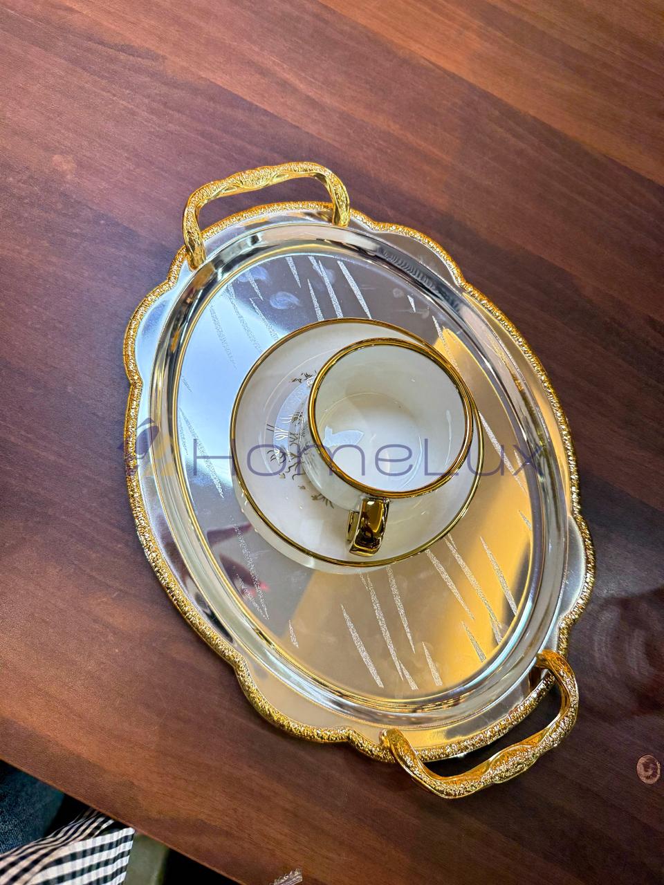 Luxury Serving Tray Set 3 Pieces Iron Steel Serving Tray Set Full Nickel With Gold Handle