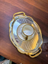 Luxury Serving Tray Set 3 Pieces Iron Steel Serving Tray Set Full Nickel With Gold Handle