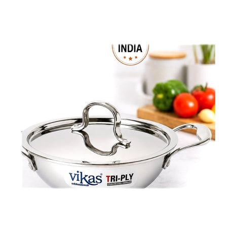 Vikas Tri-Ply Stainless Steel Deep Wok Pan with Lid 22cm - Homelux Kenya