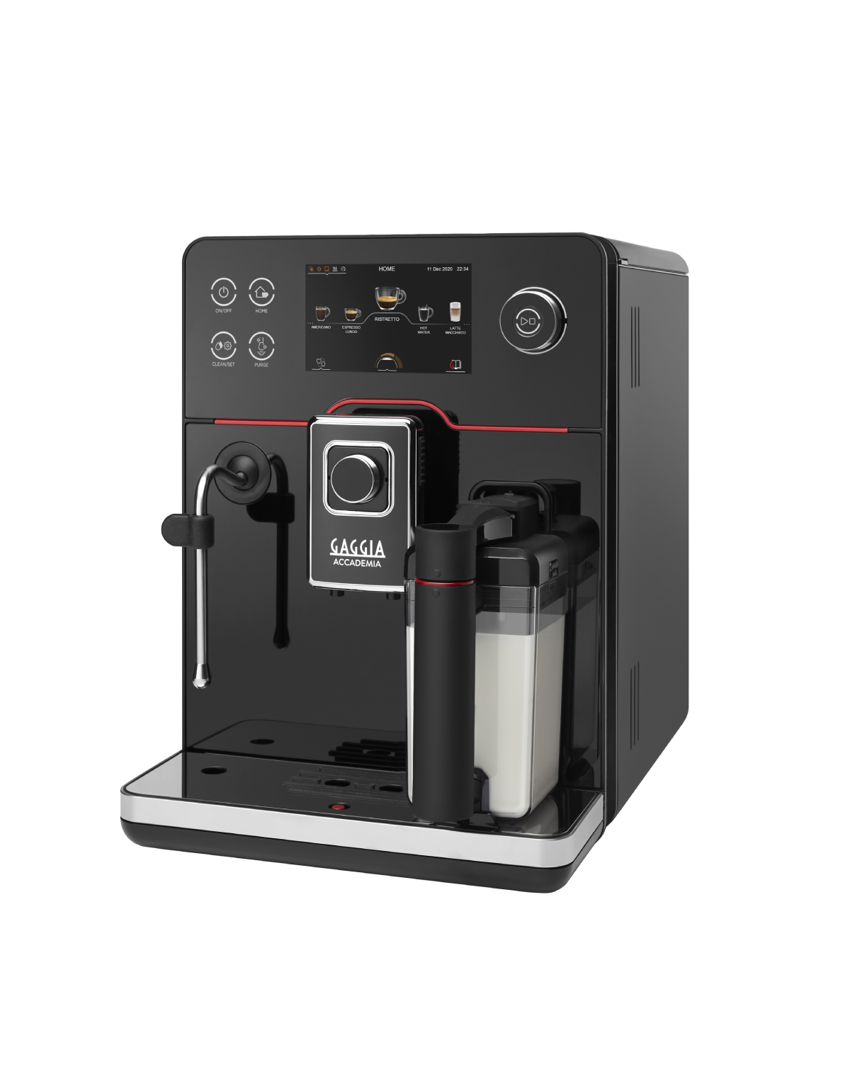 Gaggia New Accademia Glass bean to cup coffee machine in black mirrored glass, front view on a plain background