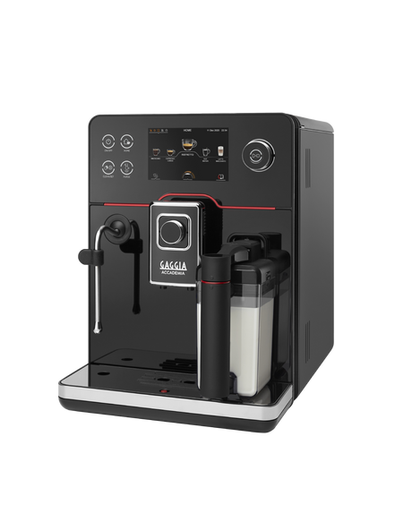 Gaggia New Accademia Glass bean to cup coffee machine in black mirrored glass, front view on a plain background