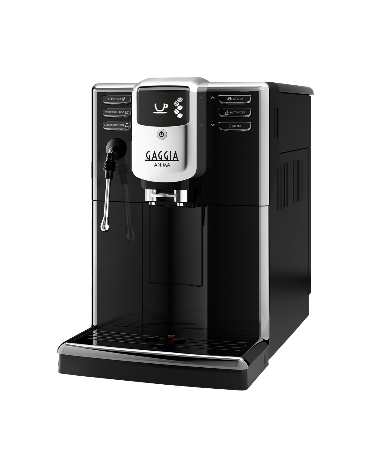 Gaggia Anima Barista Plus bean to cup coffee machine with professional steam wand, front view on a plain background