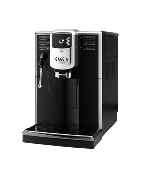 Gaggia Anima Barista Plus bean to cup coffee machine with professional steam wand, front view on a plain background