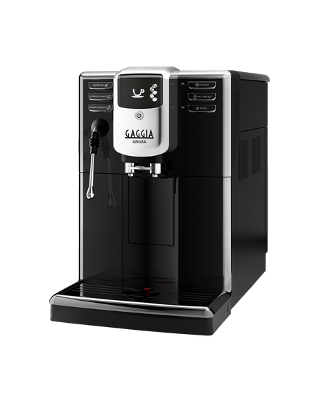 Gaggia Anima Barista Plus bean to cup coffee machine with professional steam wand, front view on a plain background