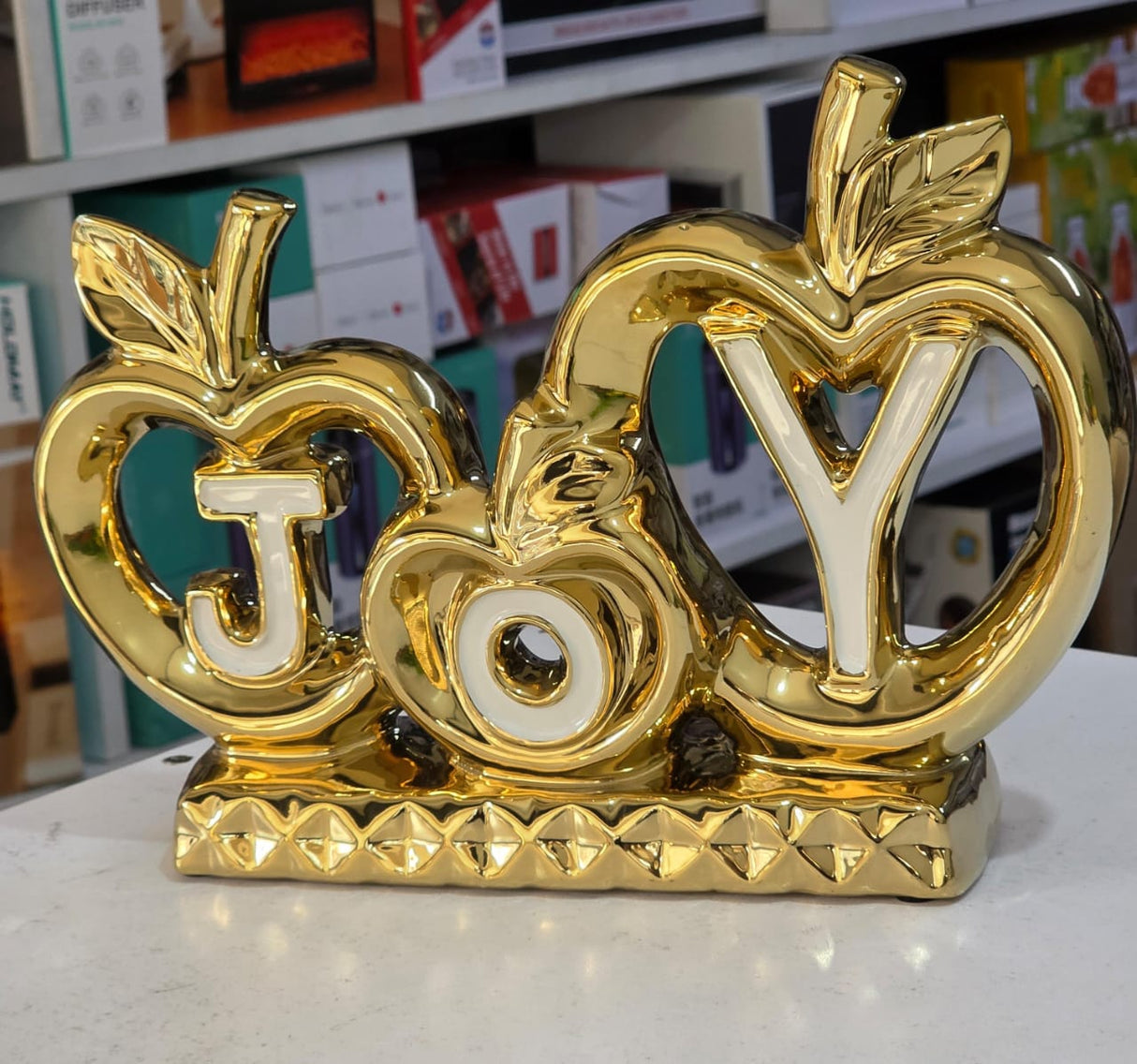 Golden "JOY" Apple-Themed Tabletop décor