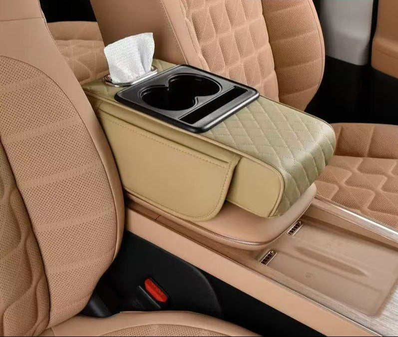Auto center console armrest cushion with 2 cups holder,tissue holder,side storage