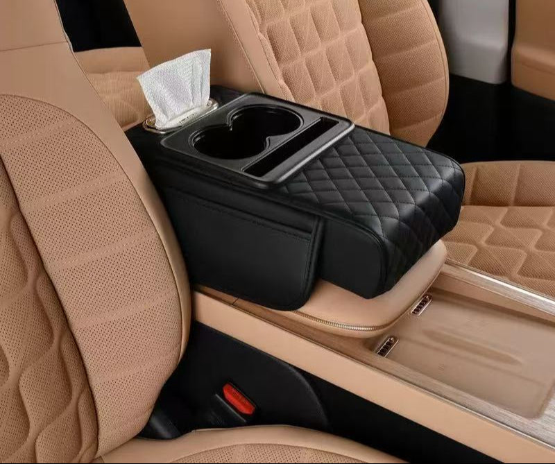 Auto center console armrest cushion with 2 cups holder,tissue holder,side storage
