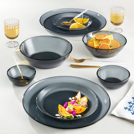 Borosil Aura 27 piece glass dinner set, shown in the grey colourway, sold in Kenya by Homelux Kenya
