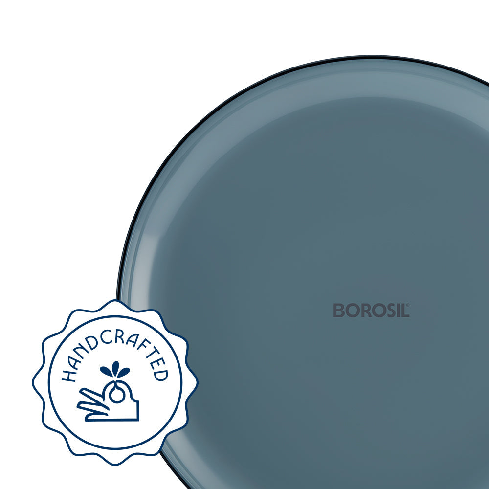 Borosil Aura glass dinner set plates and bowls laid out for six, grey colourway