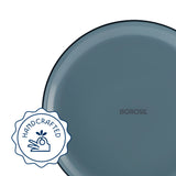 Borosil Aura glass dinner set plates and bowls laid out for six, grey colourway