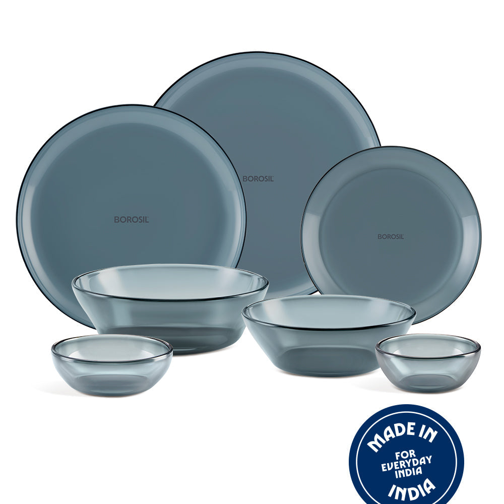 Borosil Aura glass full plate and quarter plate, grey colourway
