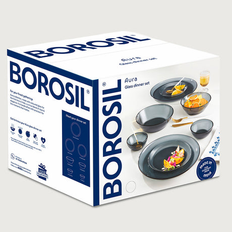 Borosil Aura 27 piece glass dinner set on a dining table, grey colourway