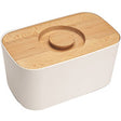 Joseph Joseph white melamine bread bin with beech wood lid, shown closed.