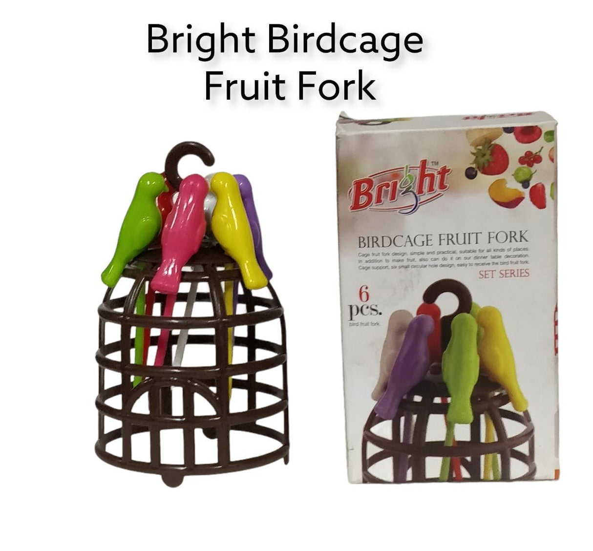 Bright Birdcage plastic  a set of 6pcs fruit Fork and it stand