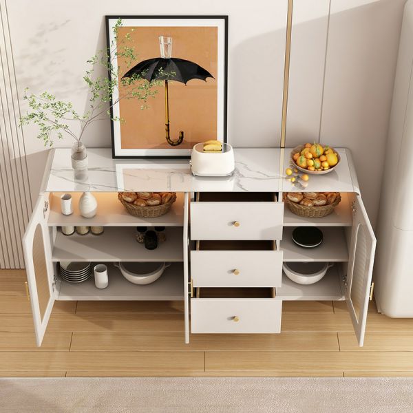 Modern Wood & Stone Buffet Console Table with Glass Doors – Luxury Entryway Cabinet | Kenya