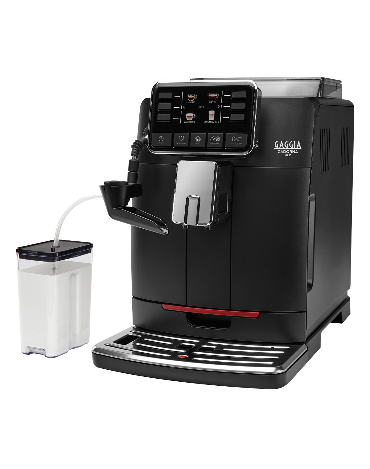 Gaggia Cadorna Milk bean to cup coffee machine with glass milk carafe, front view on a plain background