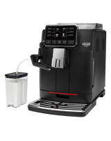 Gaggia Cadorna Milk bean to cup coffee machine with glass milk carafe, front view on a plain background