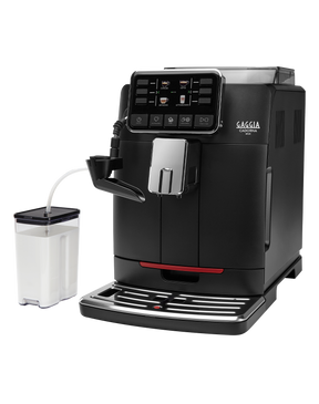 Gaggia Cadorna Milk bean to cup coffee machine with glass milk carafe, front view on a plain background