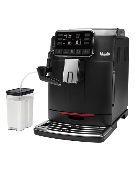 Gaggia Cadorna Milk bean to cup coffee machine with glass milk carafe, front view on a plain background