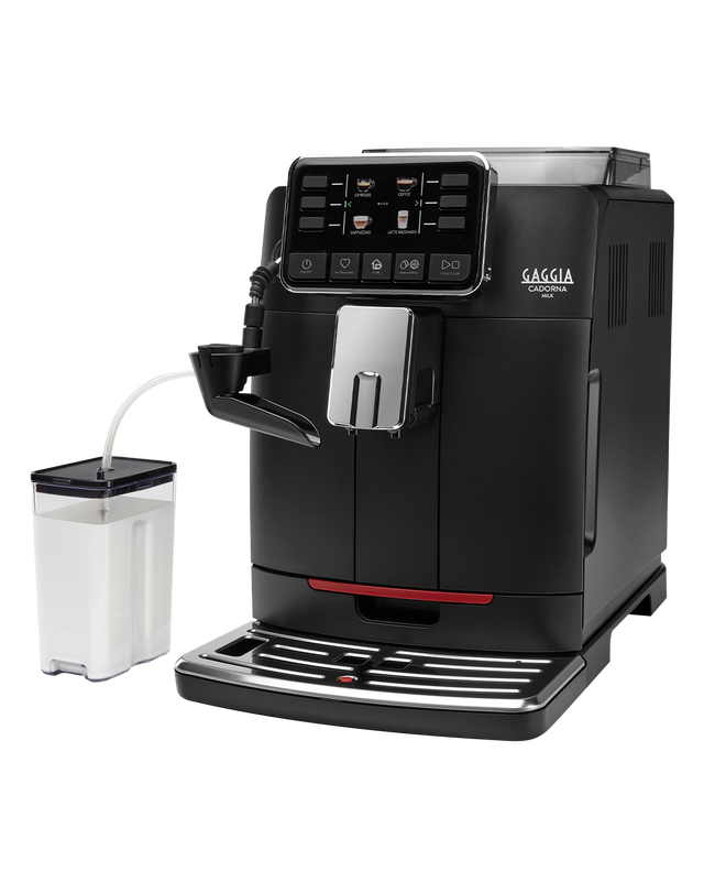 Gaggia Cadorna Milk bean to cup coffee machine with glass milk carafe, front view on a plain background
