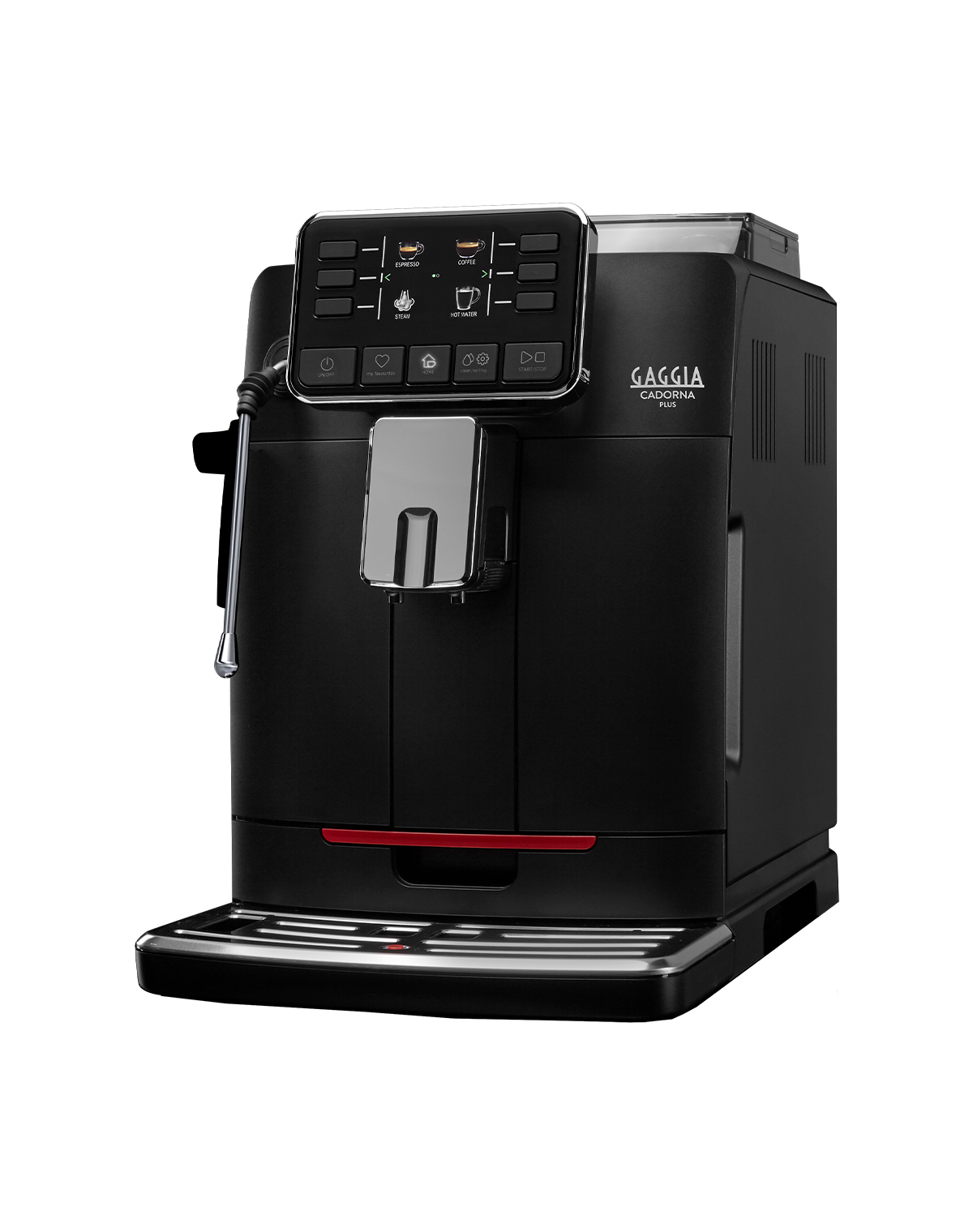 Gaggia Cadorna Barista Plus bean to cup coffee machine with professional steam wand, front view on a plain background
