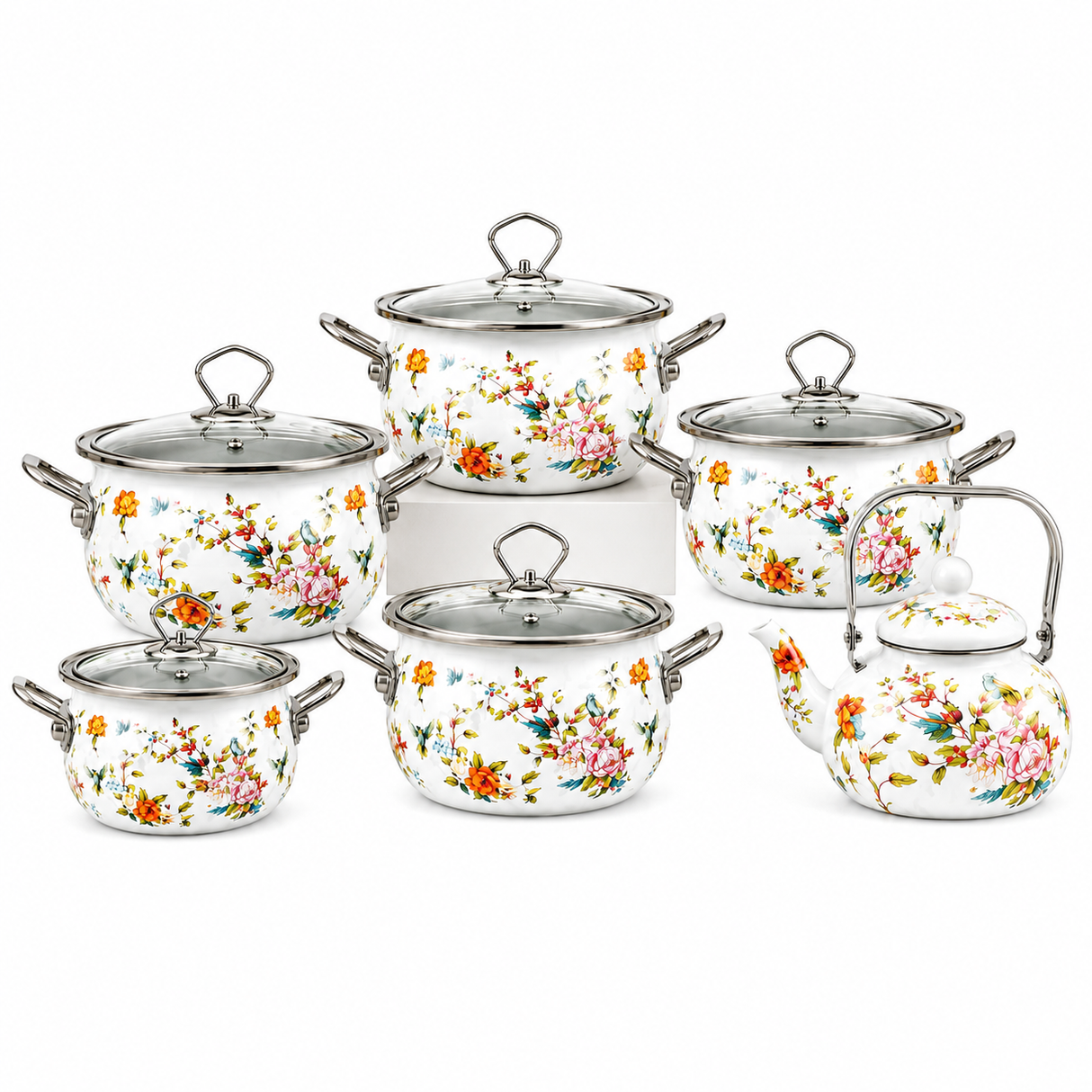 Signature 12pcs Original Enamel Cookware Set with Kettle – 2.05L to 6.8L Casseroles, 2.5L Kettle