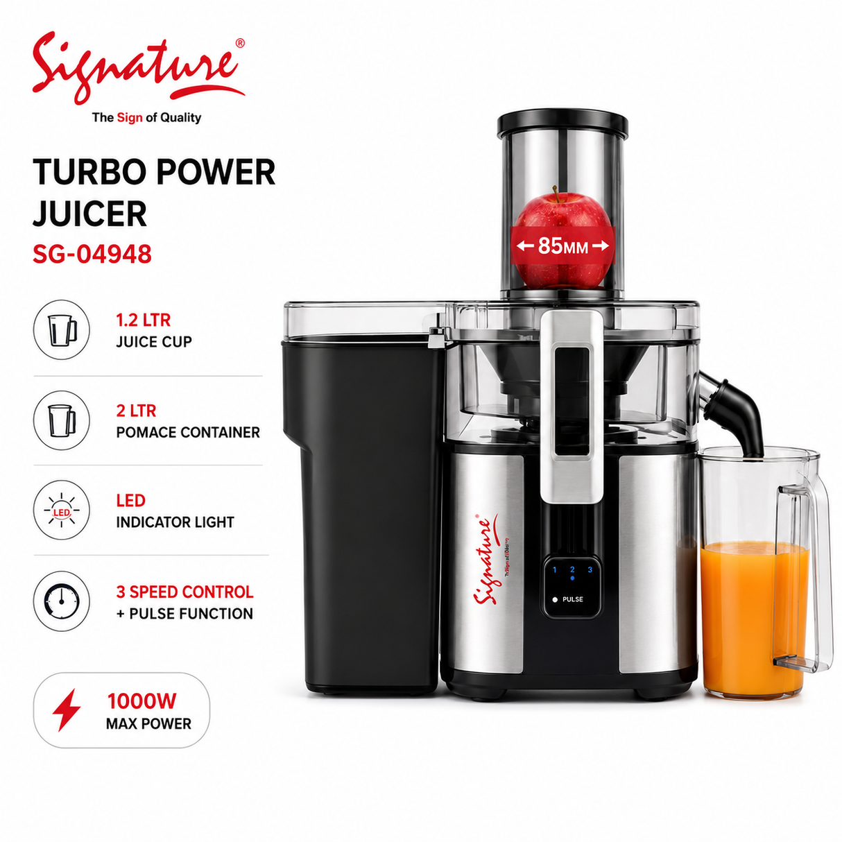 Signature Turbo Power Juicer 1000W – 1.2L Juice Jug, 2L Pomace Container