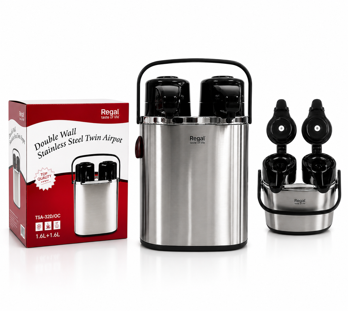 Regal Premium Vacuum Flask Stainless Steel Airpot Twin Set – 1.6L + 1.6L Unbreakable.Twin Set to keep your tea and coffee hot .