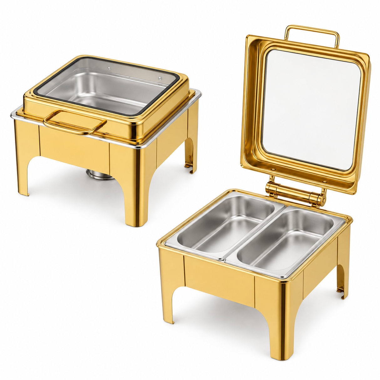Divine Touch Double 6L Square Hydraulic Chafing Dish with Visible Glass Lid