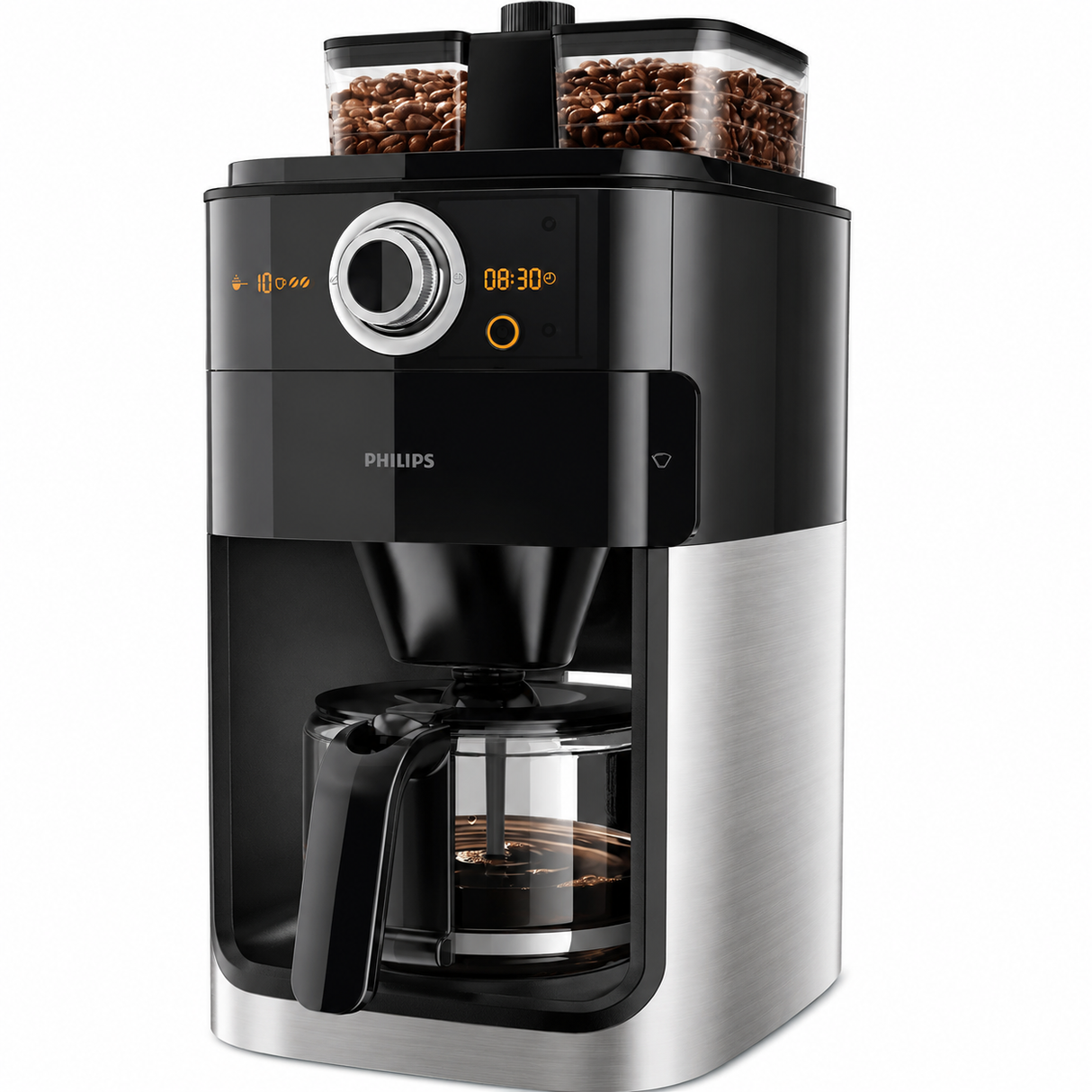 Philips Grind & Brew Coffee Maker - Integrated Bean Grinder, Duo Bean Container, Timer for Fresh Ground Coffee