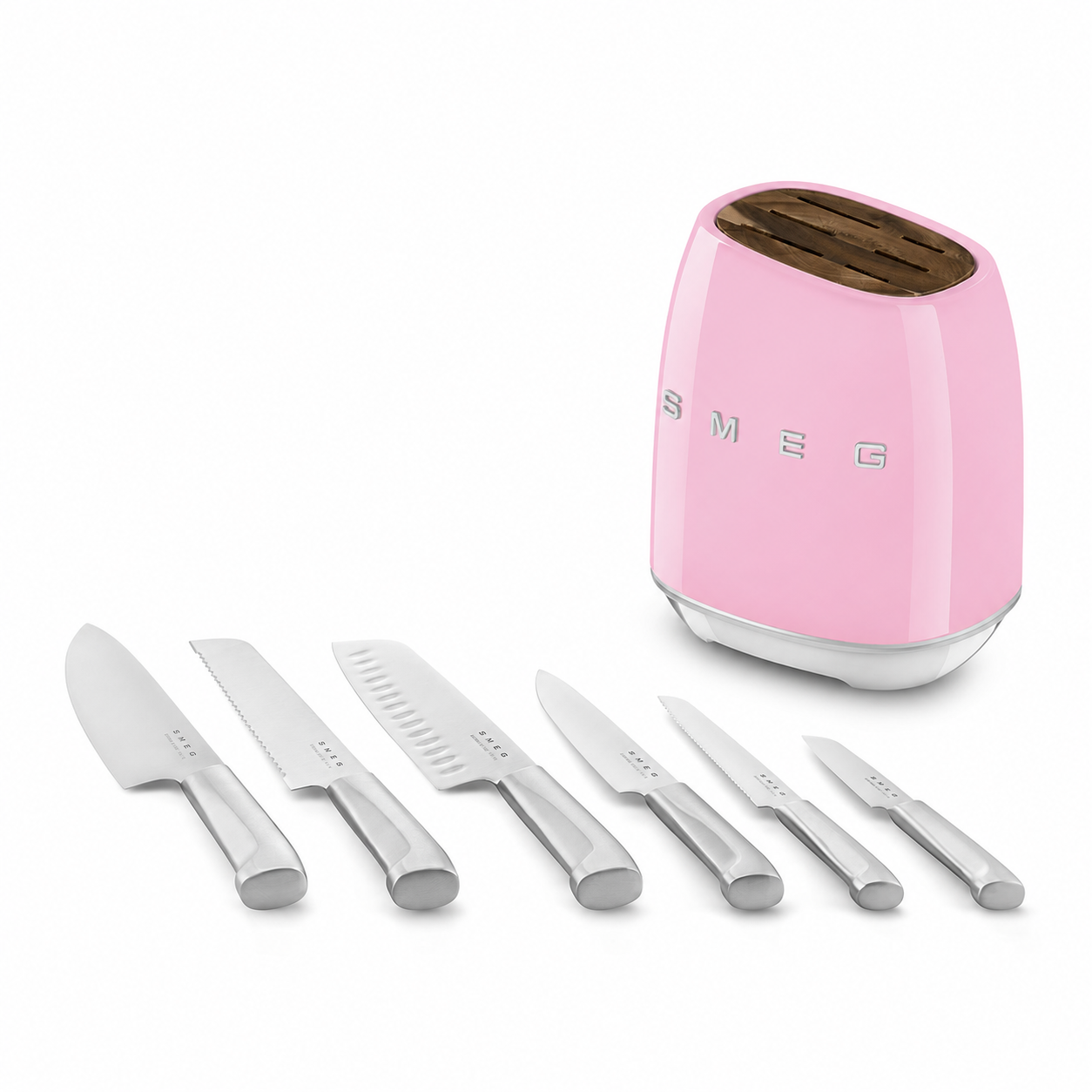 SMEG Knife Block Set 6 Piece – Luxury Stainless Steel Kitchen Knife Set with Acacia Wood Block, Chef, Santoku, Bread & Utility Knives