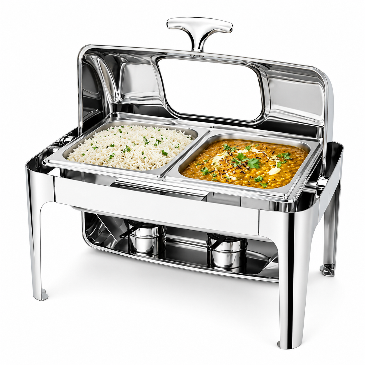 Divine Touch Double 9 Ltr Stainless Steel Rectangular Rolltop Chafing Dish with Visual Window