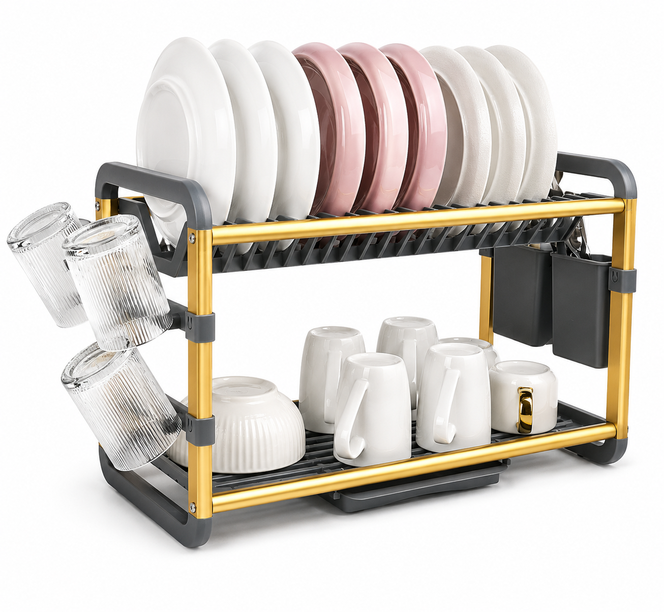 Aluminium Dish Drying Rack Multifunctional Dish Rack, Large Capacity Dish Drainer for Kitchen Counter, Rustproof Dish Drying Rack with Cutlery & Cup Holders