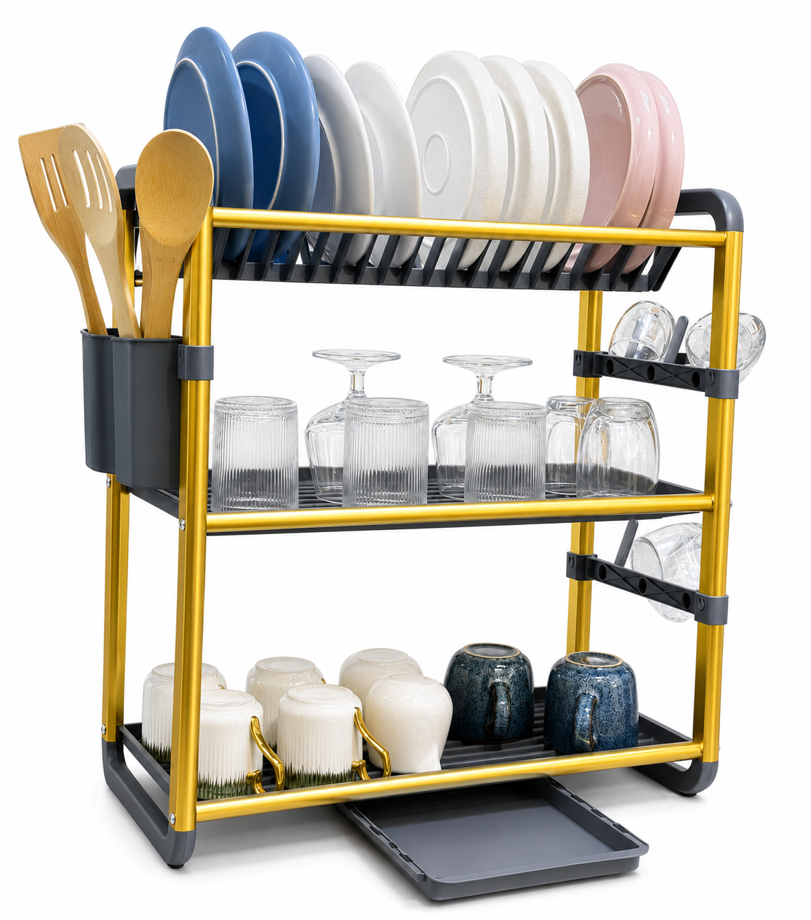 Aluminium Dish Drying Rack Multifunctional Dish Rack, Large Capacity Dish Drainer for Kitchen Counter, Rustproof Dish Drying Rack with Cutlery & Cup Holders