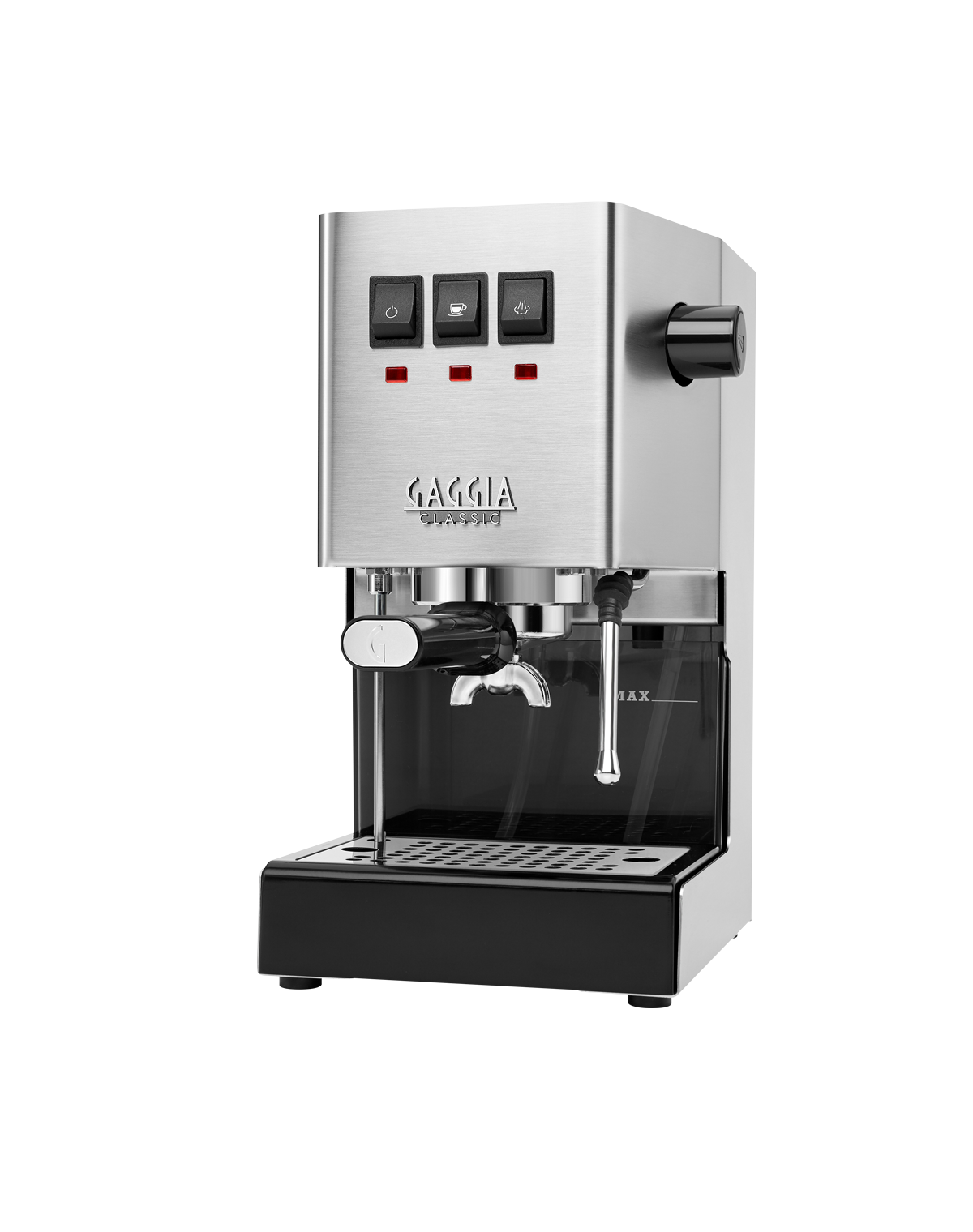 Gaggia Classic E24 manual espresso machine in brushed stainless steel, three-quarter front view on a white background