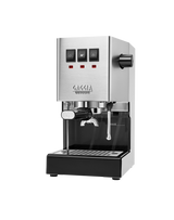 Gaggia Classic E24 manual espresso machine in brushed stainless steel, three-quarter front view on a white background