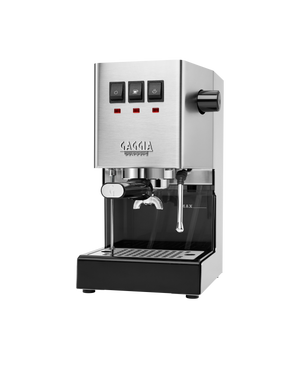 Gaggia Classic E24 manual espresso machine in brushed stainless steel, three-quarter front view on a white background