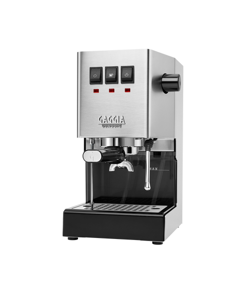 Gaggia Classic E24 manual espresso machine in brushed stainless steel, three-quarter front view on a white background