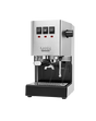 Gaggia Classic E24 manual espresso machine in brushed stainless steel, three-quarter front view on a white background