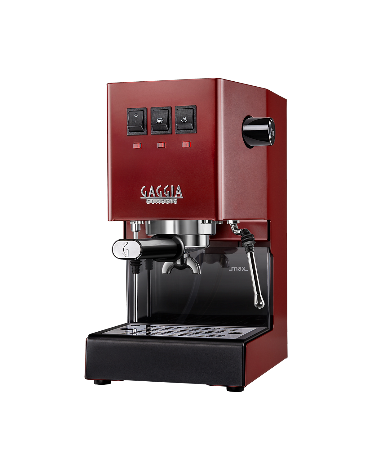 Gaggia Classic E24 manual espresso machine in Cherry Red, front view on a plain background