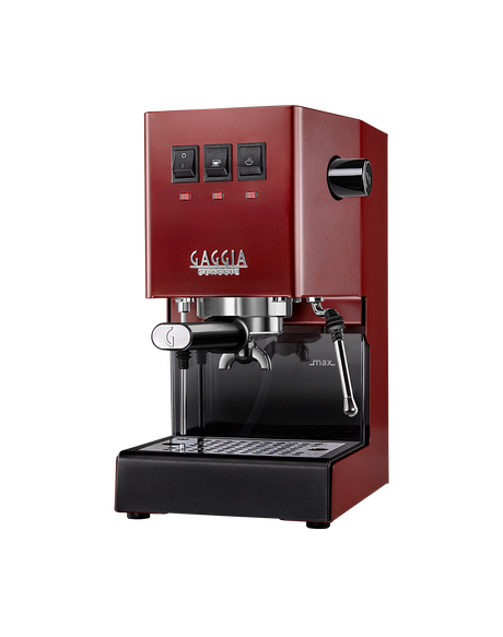 Gaggia Classic E24 manual espresso machine in Cherry Red, front view on a plain background