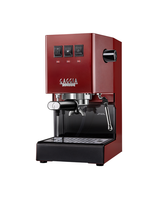 Gaggia Classic E24 manual espresso machine in Cherry Red, front view on a plain background