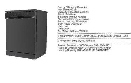 Bolesi BLS-Q03E Dishwasher 14 Place Built-in Kenya | 6 Programmes, A+ Energy, 52 dB, 3 Baskets, Delay Start, Half Load, Child Lock
