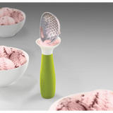 Joseph Joseph Dimple ice-cream scoop in green with weighted handle, third product view.