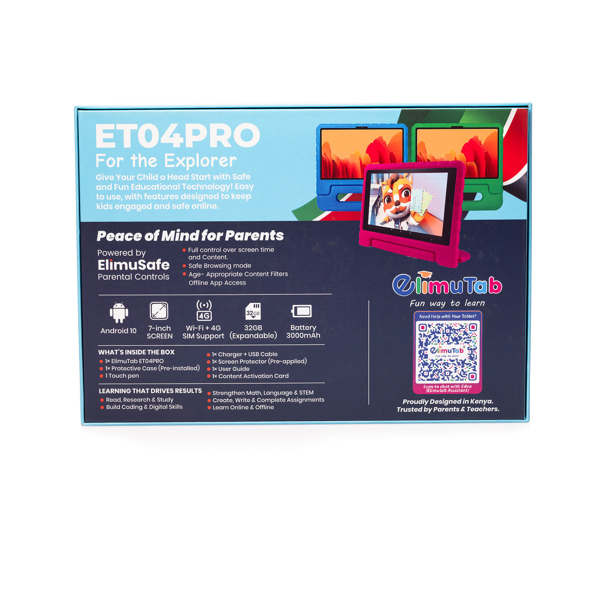 Elimutab ET04 Pro Kids Tablet 7 Inch 32GB | CBC Learning Tablet with SIM Slot and Puffed Case