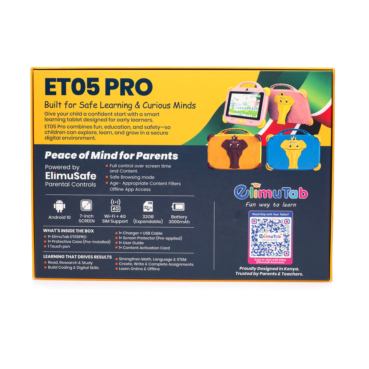 Elimutab ET05 Pro Kids Tablet 7 Inch 32GB | First Learning Tablet Ages 3 to 12 with SIM and Parental Controls