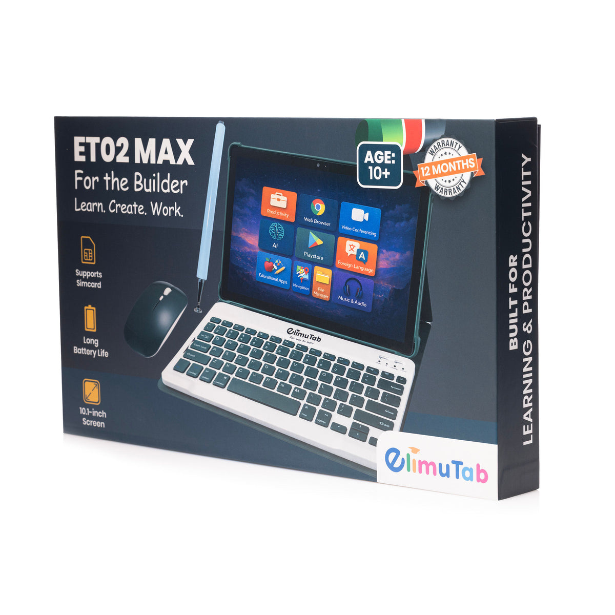 Elimutab ET02 Max 10.1 Inch Educational Tablet with Touch Pen, Keyboard and Mouse 8GB 64GB 4G Jungle Green | Safe Learning, Parental Control, Grade 1 to Form 4