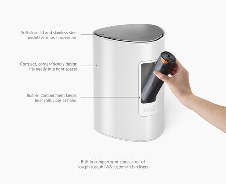 Joseph Joseph EasyStore 5L gloss white bathroom bin beside a basin