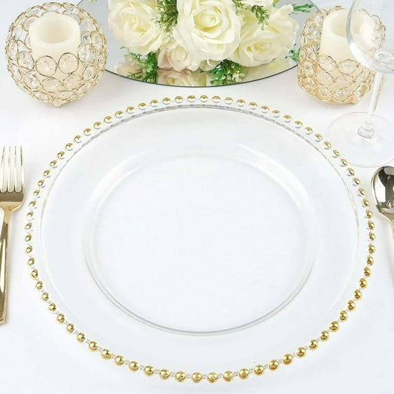 Clear Gold 13" Round Glass Charger Plates Scalloped Rim Party Events Tableware