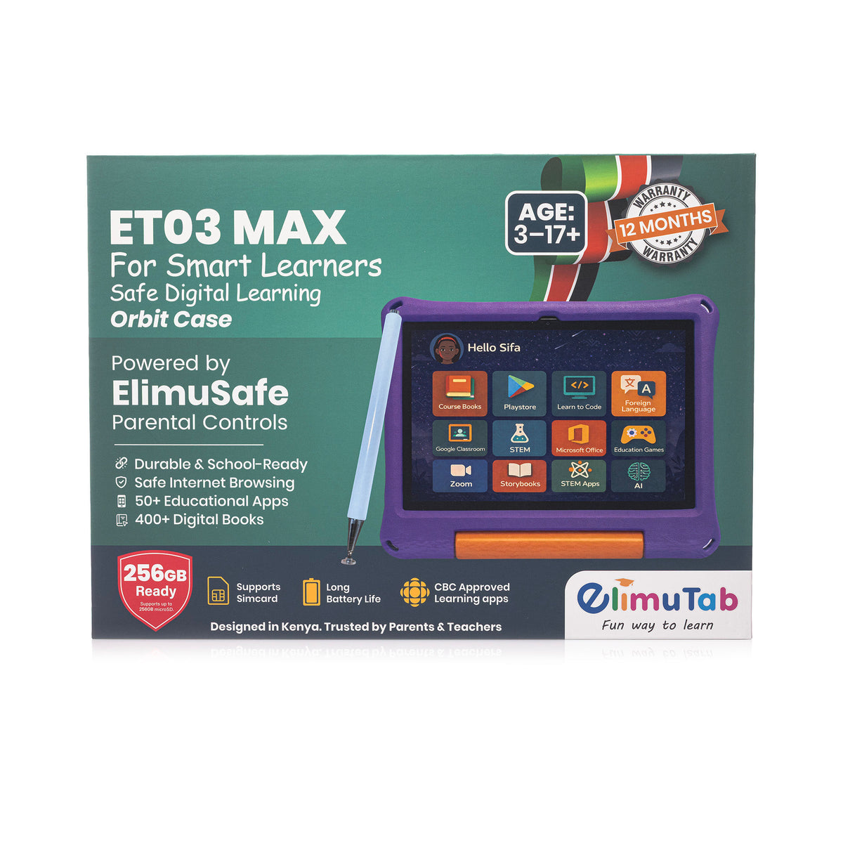 Elimutab ET03 Pro Kids Tablet 10.1 Inch 32GB | CBC Learning Tablet in Puffed Stand Case, 4G SIM, Ages 3 to 17